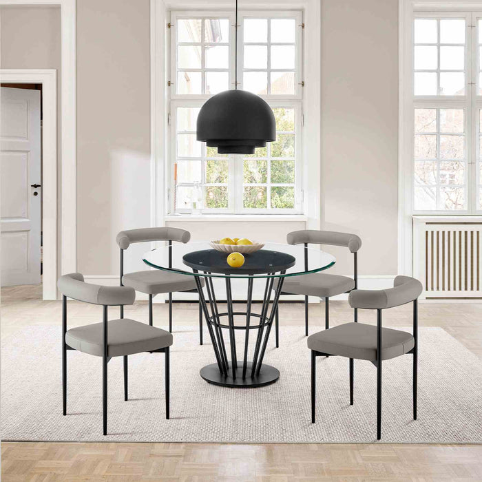 Veronica Shannon 5 Piece Round Glass Dining Table Set with Matte Black Iron and Gray Faux Leather