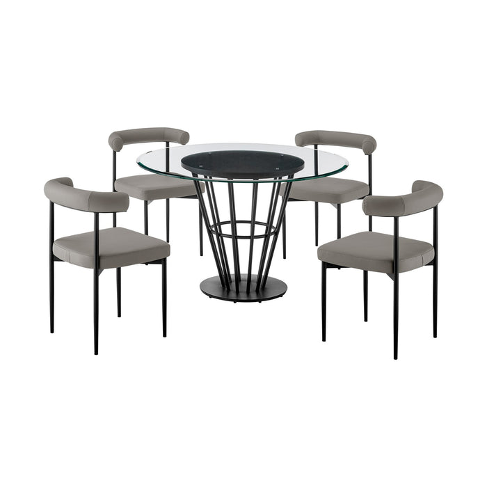 Veronica Shannon 5 Piece Round Glass Dining Table Set with Matte Black Iron and Gray Faux Leather