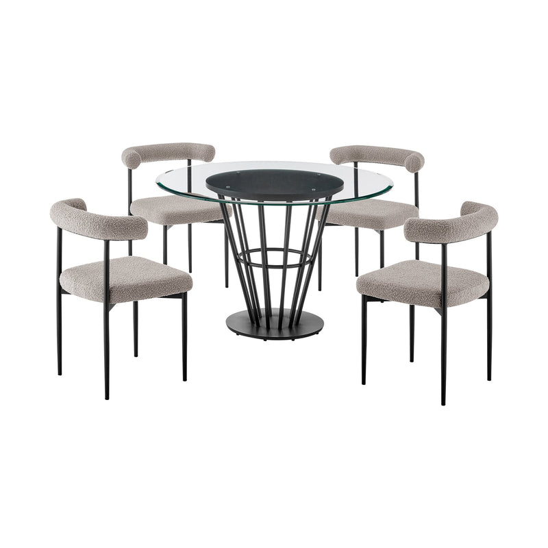Veronica Shannon 5 Piece Round Glass Dining Table Set with Matte Black Iron and Thundercloud Gray Fabric - Furniture City (CA)l