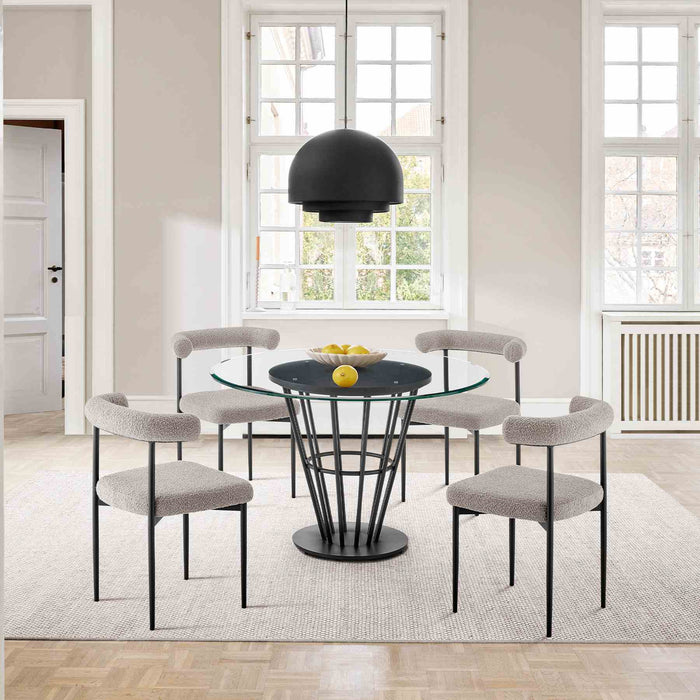 Veronica Shannon 5 Piece Round Glass Dining Table Set with Matte Black Iron and Thundercloud Gray Fabric