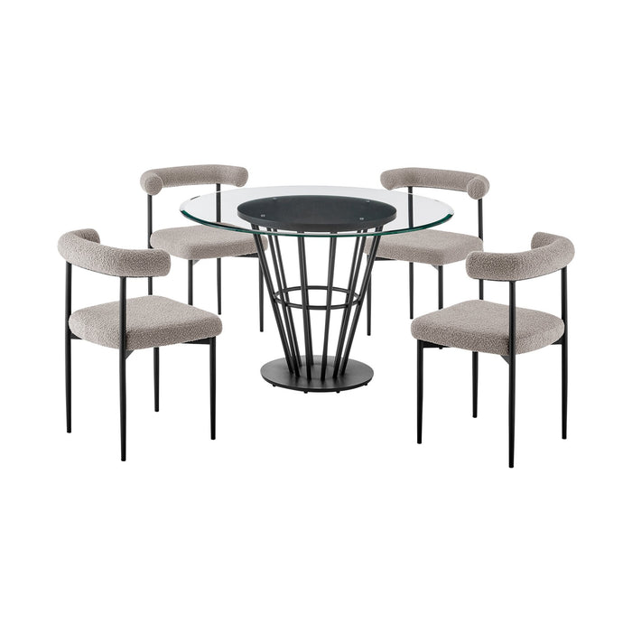 Veronica Shannon 5 Piece Round Glass Dining Table Set with Matte Black Iron and Thundercloud Gray Fabric
