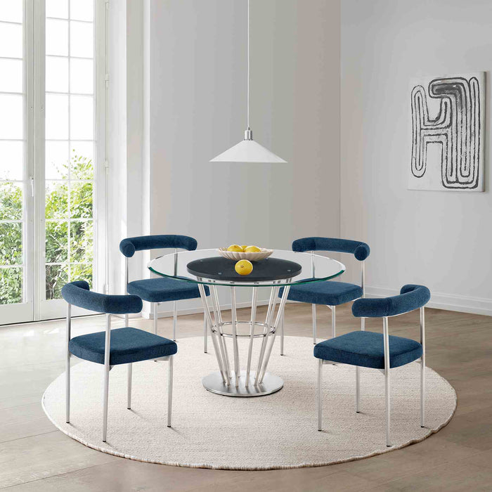 Veronica Shannon 5 Piece Round Glass Dining Table Set with Brushed Stainless Steel and Blue Fabric