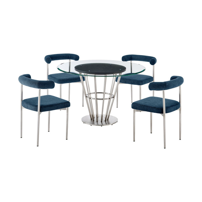 Veronica Shannon 5 Piece Round Glass Dining Table Set with Brushed Stainless Steel and Blue Fabric