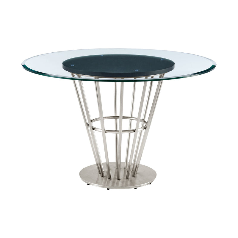 Veronica Shannon 5 Piece Round Glass Dining Table Set with Brushed Stainless Steel and Blue Fabric - Furniture City (CA)l