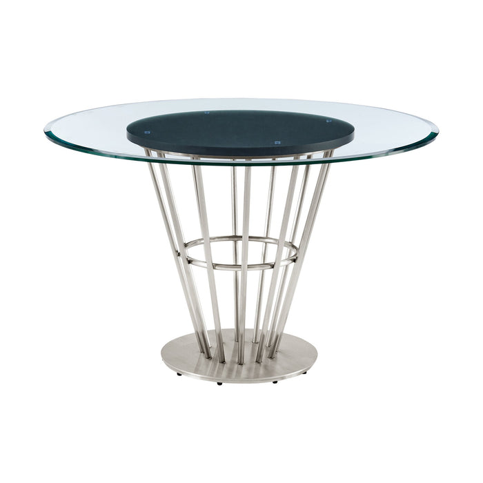 Veronica Shannon 5 Piece Round Glass Dining Table Set with Brushed Stainless Steel and Blue Fabric