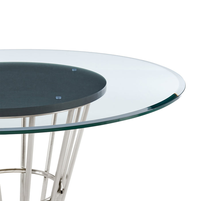 Veronica Shannon 5 Piece Round Glass Dining Table Set with Brushed Stainless Steel and Blue Fabric