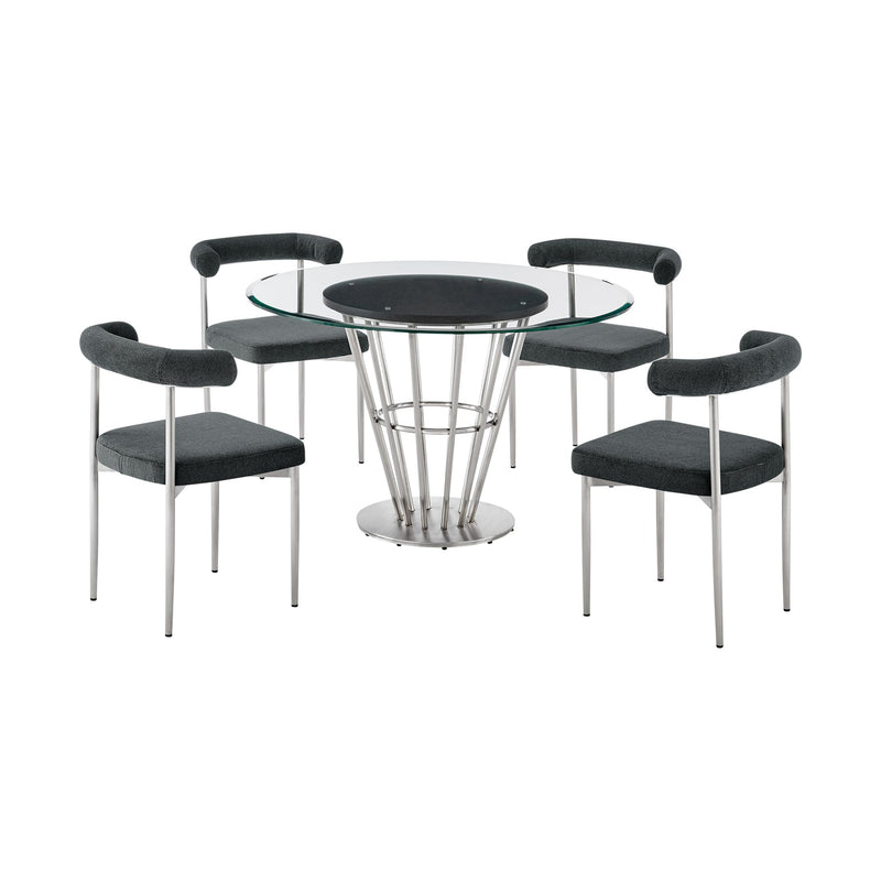 Veronica Shannon 5 Piece Round Glass Dining Table Set with Brushed Stainless Steel and Charcoal Fabric - Furniture City (CA)l