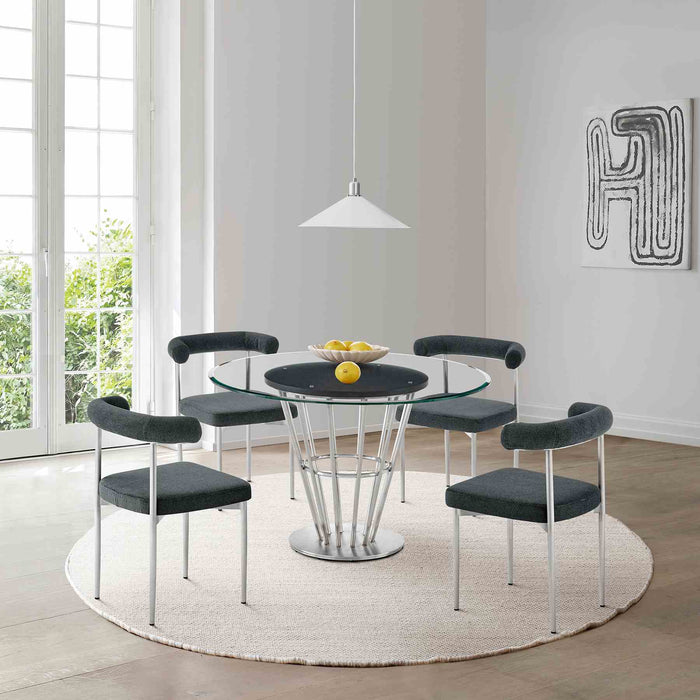 Veronica Shannon 5 Piece Round Glass Dining Table Set with Brushed Stainless Steel and Charcoal Fabric