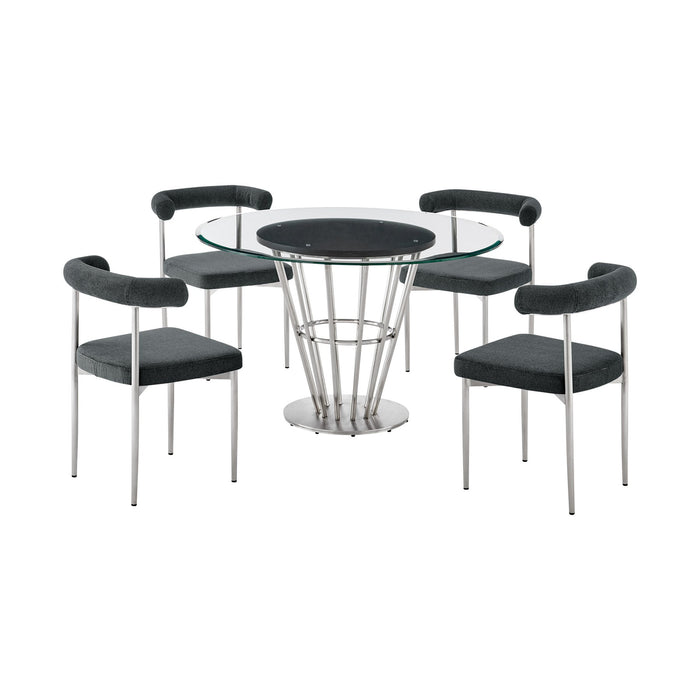 Veronica Shannon 5 Piece Round Glass Dining Table Set with Brushed Stainless Steel and Charcoal Fabric