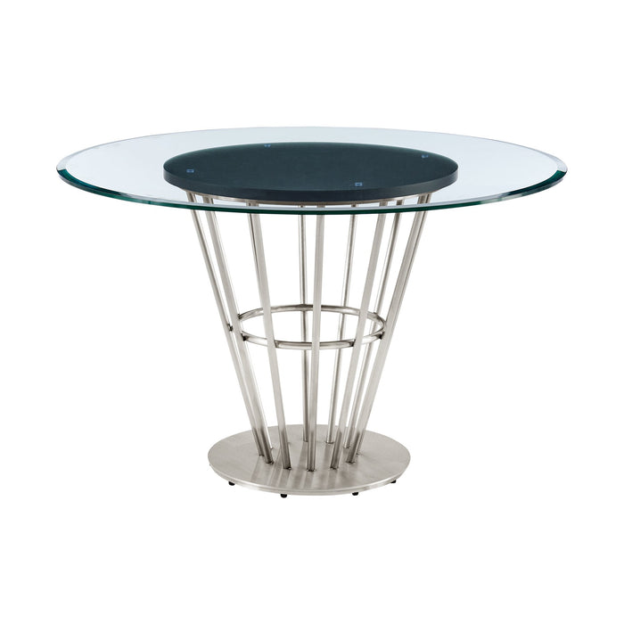 Veronica Shannon 5 Piece Round Glass Dining Table Set with Brushed Stainless Steel and Charcoal Fabric