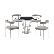 Veronica Shannon 5 Piece Round Glass Dining Table Set with Brushed Stainless Steel and Light Gray Fabric - Furniture City (CA)l