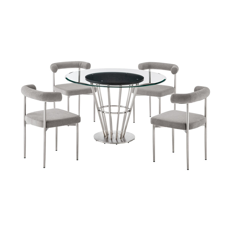 Veronica Shannon 5 Piece Round Glass Dining Table Set with Brushed Stainless Steel and Light Gray Fabric - Furniture City (CA)l