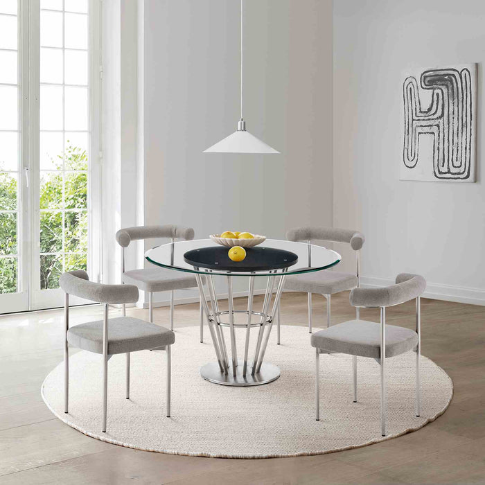 Veronica Shannon 5 Piece Round Glass Dining Table Set with Brushed Stainless Steel and Light Gray Fabric