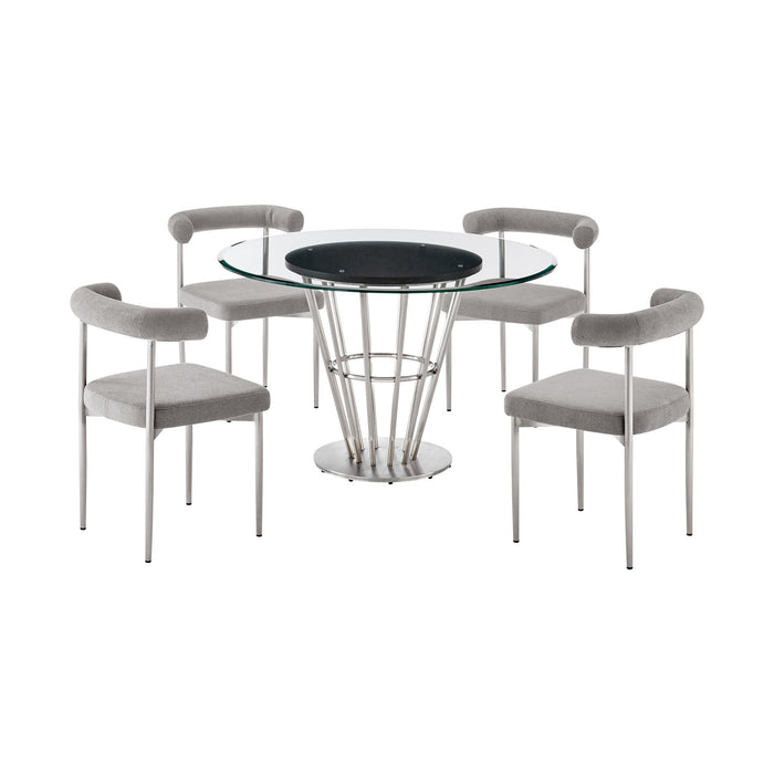 Veronica Shannon 5 Piece Round Glass Dining Table Set with Brushed Stainless Steel and Light Gray Fabric