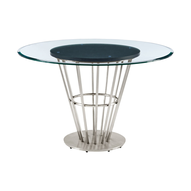 Veronica Shannon 5 Piece Round Glass Dining Table Set with Brushed Stainless Steel and Light Gray Fabric - Furniture City (CA)l