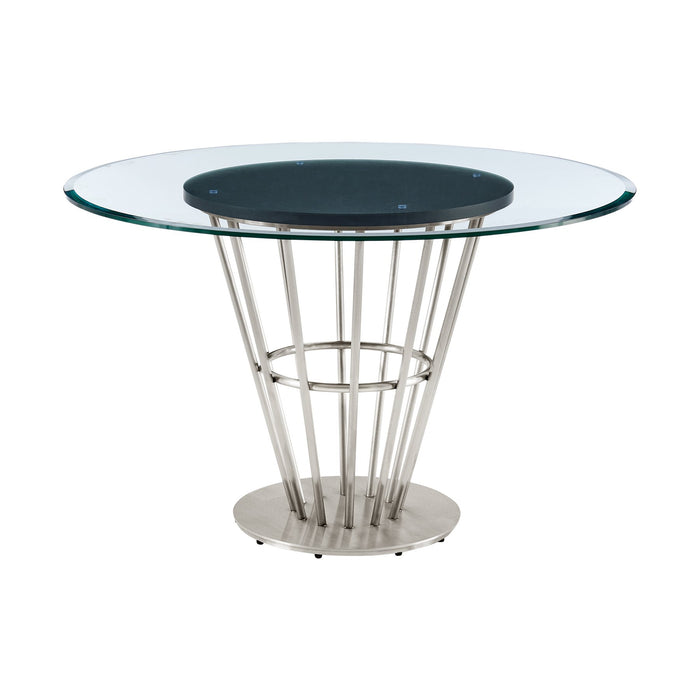 Veronica Shannon 5 Piece Round Glass Dining Table Set with Brushed Stainless Steel and Light Gray Fabric
