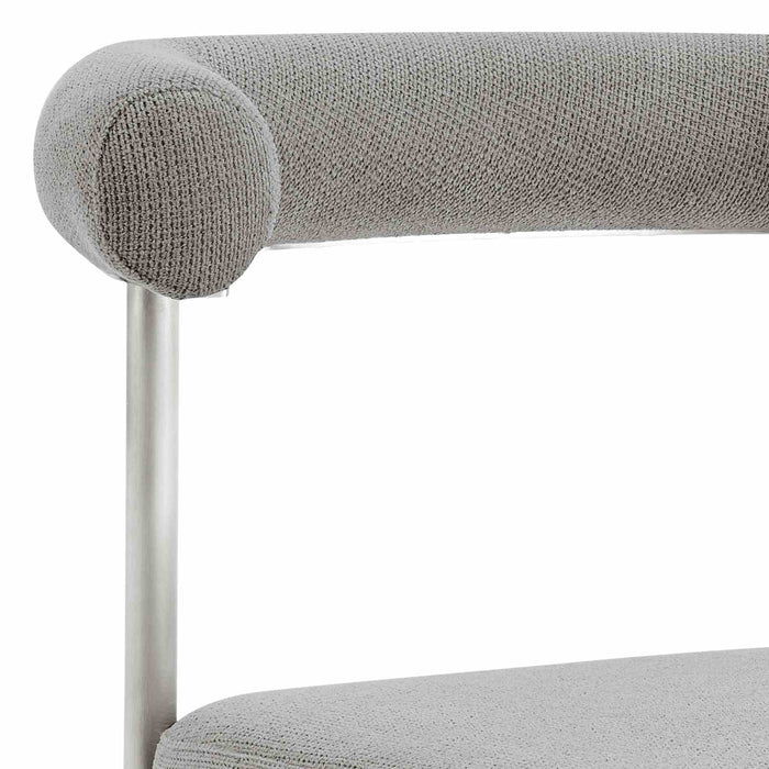 Veronica Shannon 5 Piece Round Glass Dining Table Set with Brushed Stainless Steel and Light Gray Fabric