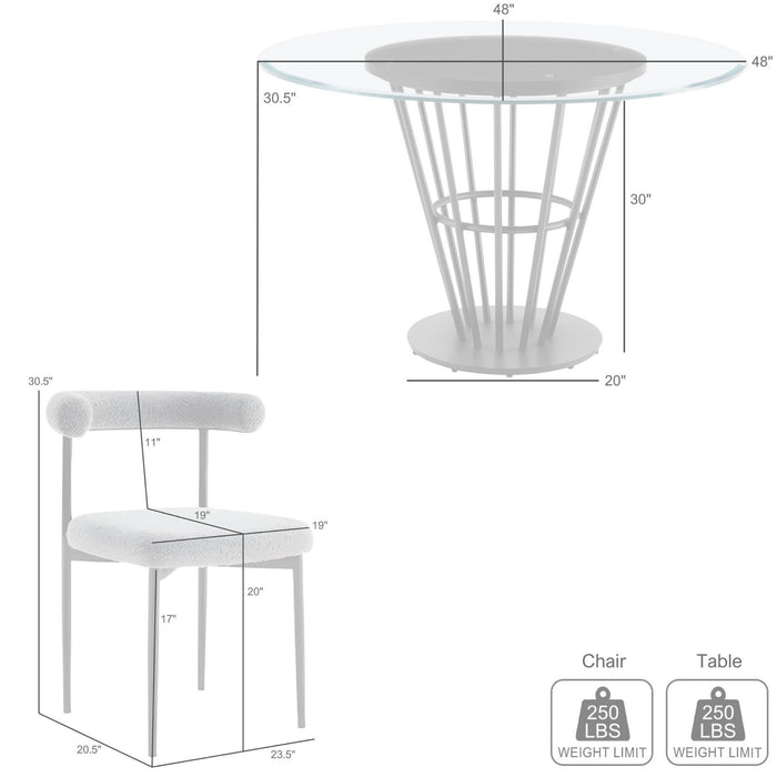Veronica Shannon 5 Piece Round Glass Dining Table Set with Brushed Stainless Steel and Light Gray Fabric