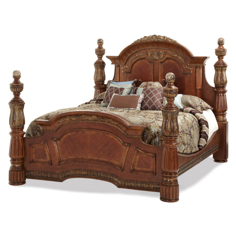 Villa Valencia Cal. King Low Poster Bed - Classic Chestnut - Furniture City (CA)l