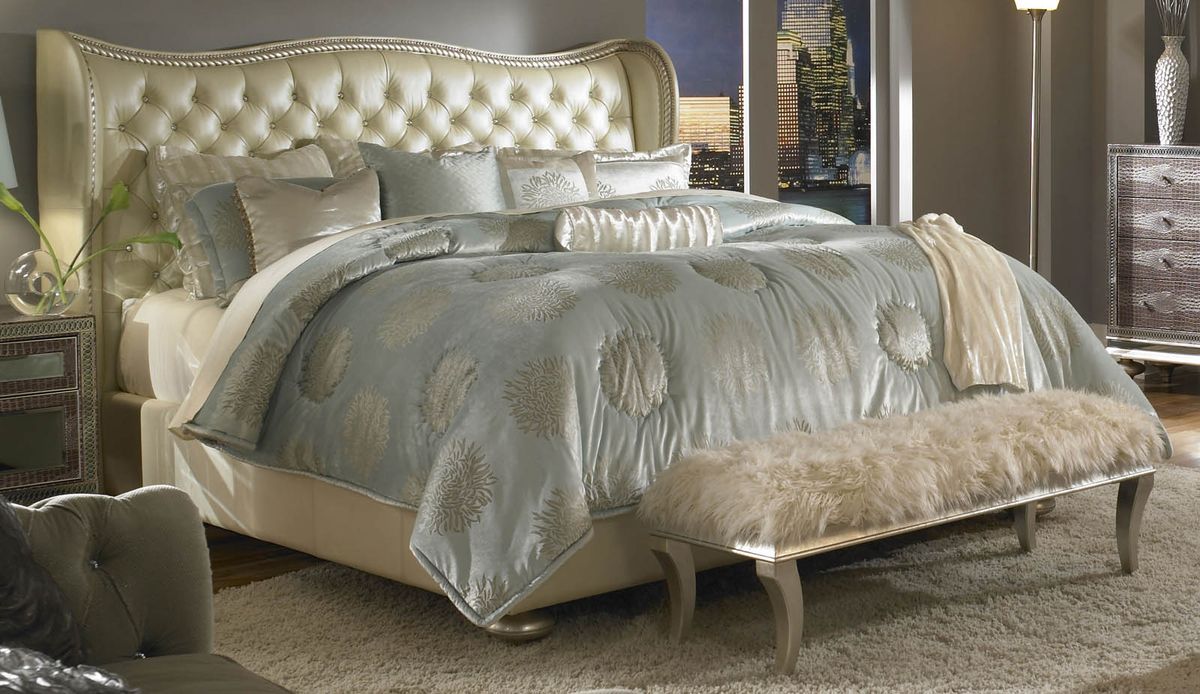 AICO Hollywood Swank Queen Upholstered Platform Bed in Pearl