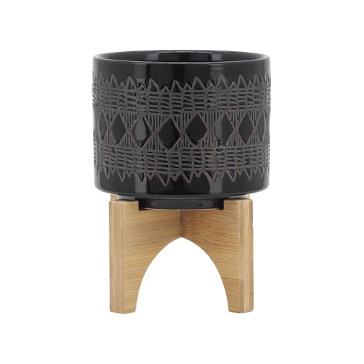ceramic-5-aztec-planter-on-wooden-stand-black-1