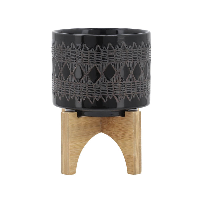 ceramic-5-aztec-planter-on-wooden-stand-black-1