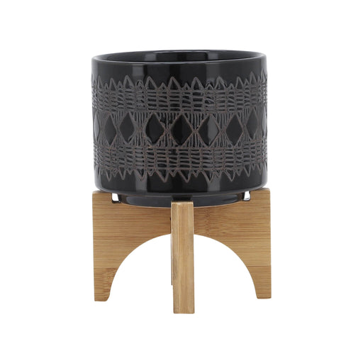 ceramic-5-aztec-planter-on-wooden-stand-black-2