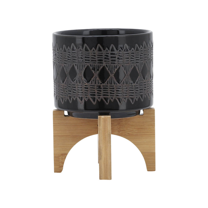 ceramic-5-aztec-planter-on-wooden-stand-black-2
