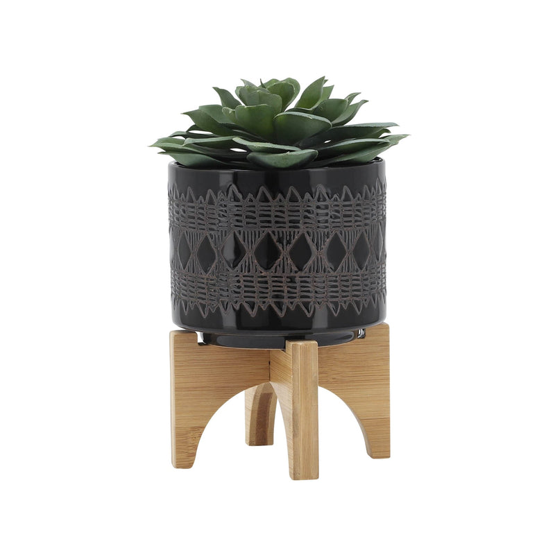 ceramic-5-aztec-planter-on-wooden-stand-black-3