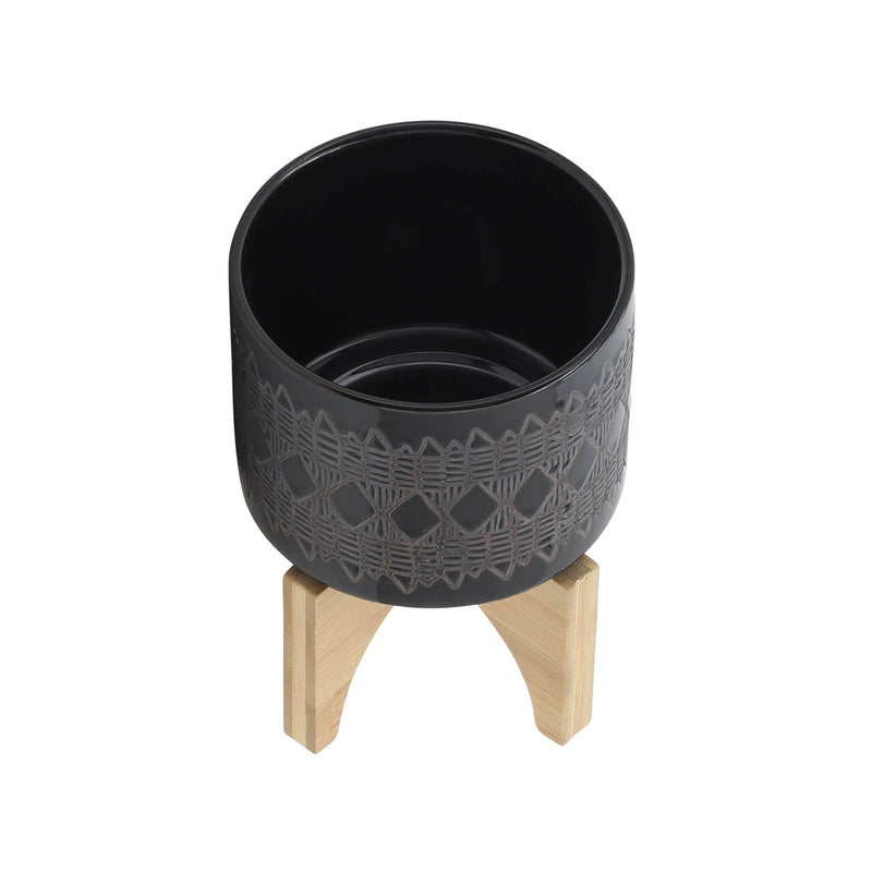 ceramic-5-aztec-planter-on-wooden-stand-black-4