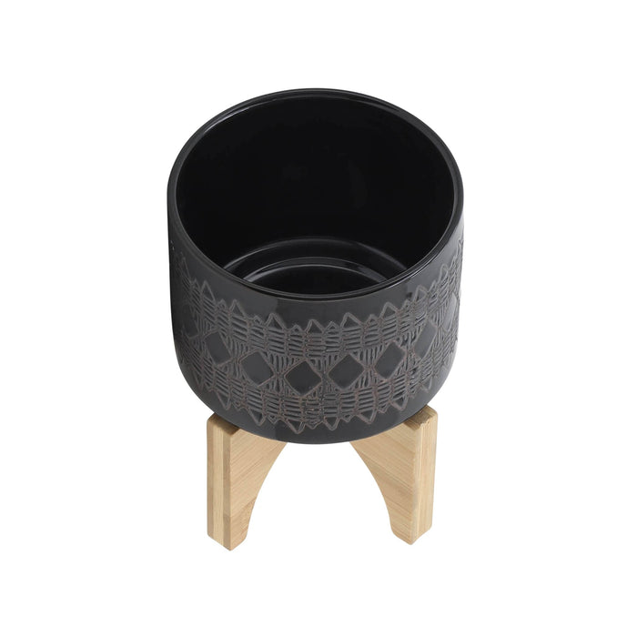 ceramic-5-aztec-planter-on-wooden-stand-black-4