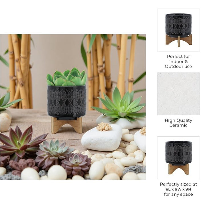 ceramic-8-aztec-planter-on-wooden-stand-black-10