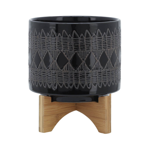 ceramic-8-aztec-planter-on-wooden-stand-black-1