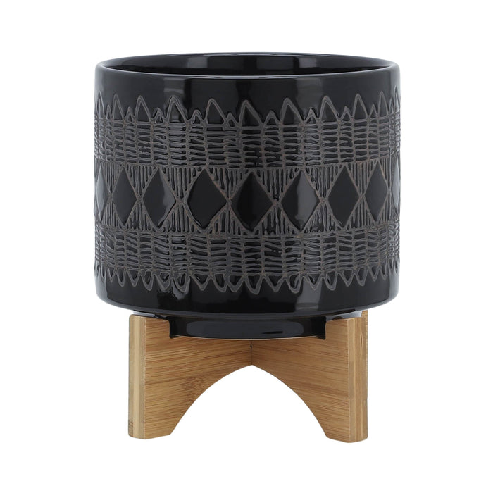 ceramic-8-aztec-planter-on-wooden-stand-black-1