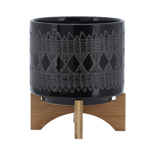 ceramic-8-aztec-planter-on-wooden-stand-black-2