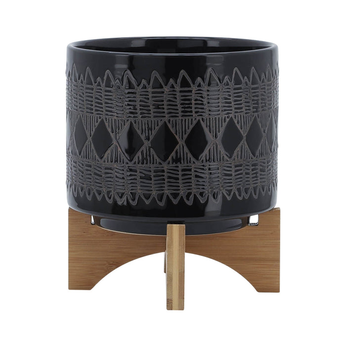 ceramic-8-aztec-planter-on-wooden-stand-black-2
