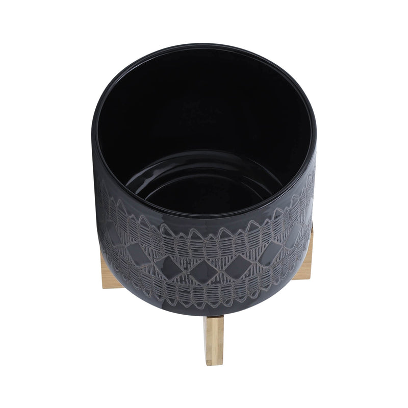ceramic-8-aztec-planter-on-wooden-stand-black-4
