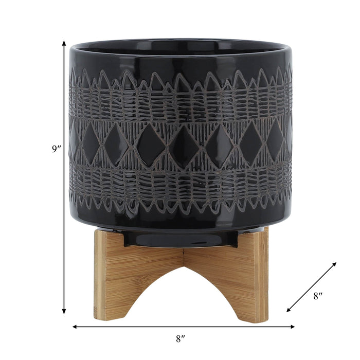 ceramic-8-aztec-planter-on-wooden-stand-black-9