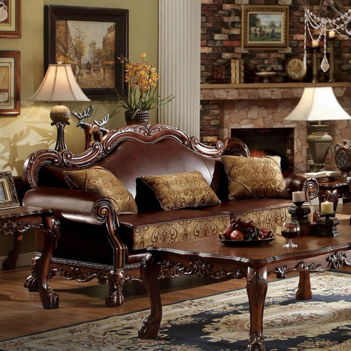 dresden-brown-leatherette-chenille-cherry-oak-sofa-w-3-pillows-1