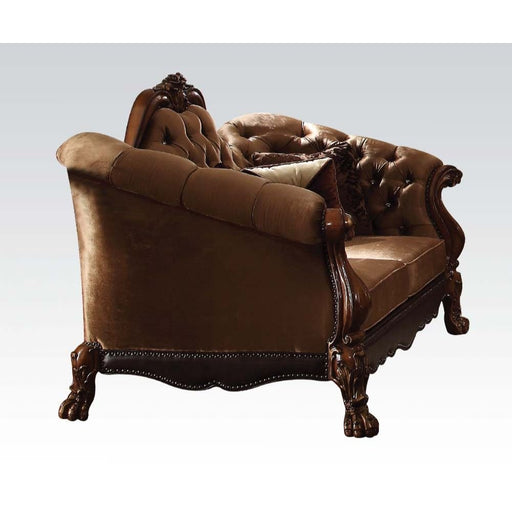 dresden-golden-brown-velvet-cherry-oak-loveseat-w-5-pillows-1