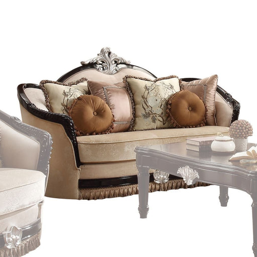 ernestine-tan-fabric-black-loveseat-w-6-pillows-1