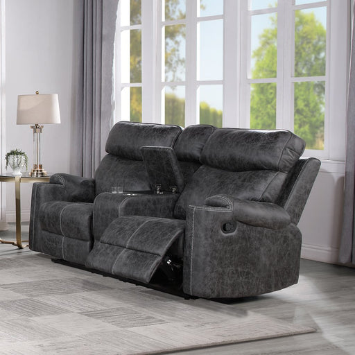 hirah-dark-gray-polished-microfiber-motion-loveseat-w-console-usb-port-1