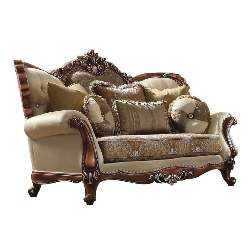 latisha-tan-pattern-fabric-antique-oak-loveseat-w-6-pillows-same-lv01577-2