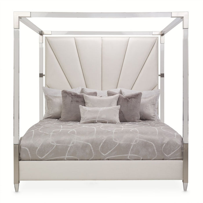 AICO Penthouse/Lanterna King Canopy Channel Tufted Upholstered Bed in Silver Mist image