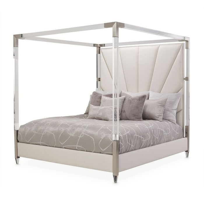 AICO Penthouse/Lanterna King Canopy Channel Tufted Upholstered Bed in Silver Mist