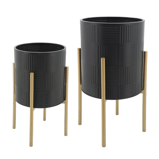 s-2-planter-w-lines-on-metal-stand-black-gold-1