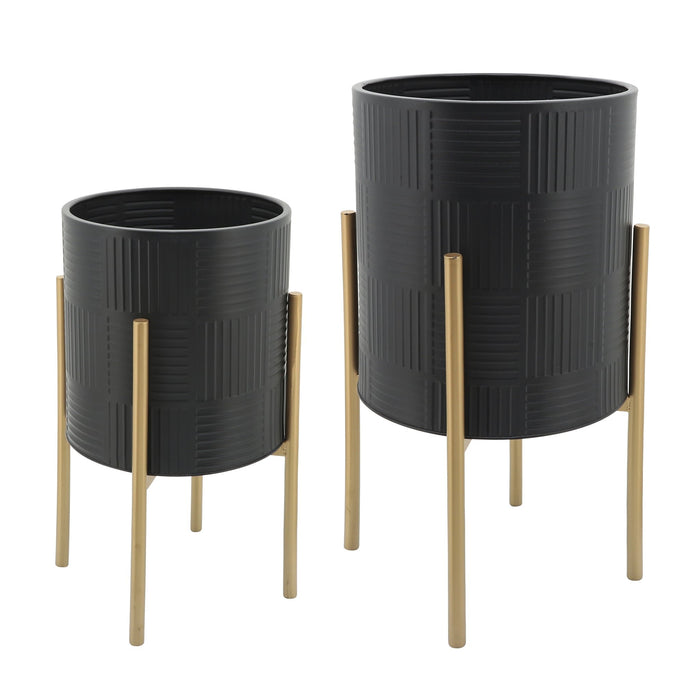 s-2-planter-w-lines-on-metal-stand-black-gold-1