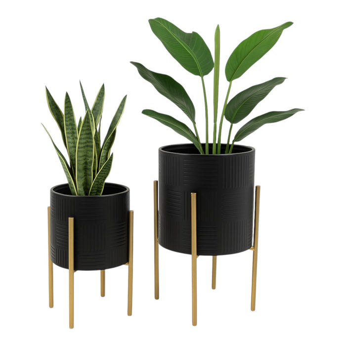 s-2-planter-w-lines-on-metal-stand-black-gold-2