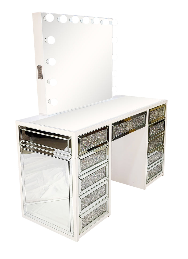 Diva White Diamond Mirrored Large Vanity Table + Mirror with Storage and Bluetooth By Furniture City Vanities Diva By Furniture City Furniture City (CA)l