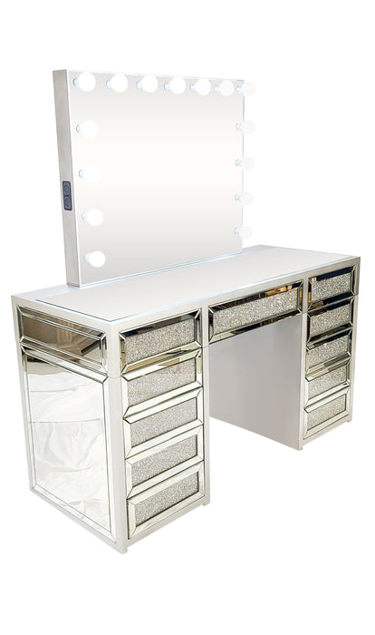 Diva Silver Mirrored Large Vanity Table + Mirror with Storage and Bluetooth  By Furniture City - Furniture City